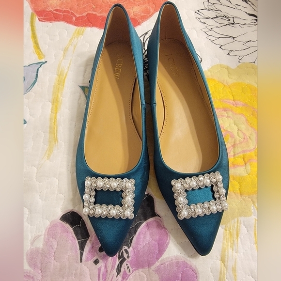 NIB J. Crew Satin Pointy Toe Flats with Crystal Embellished Buckle - Picture 1 of 9